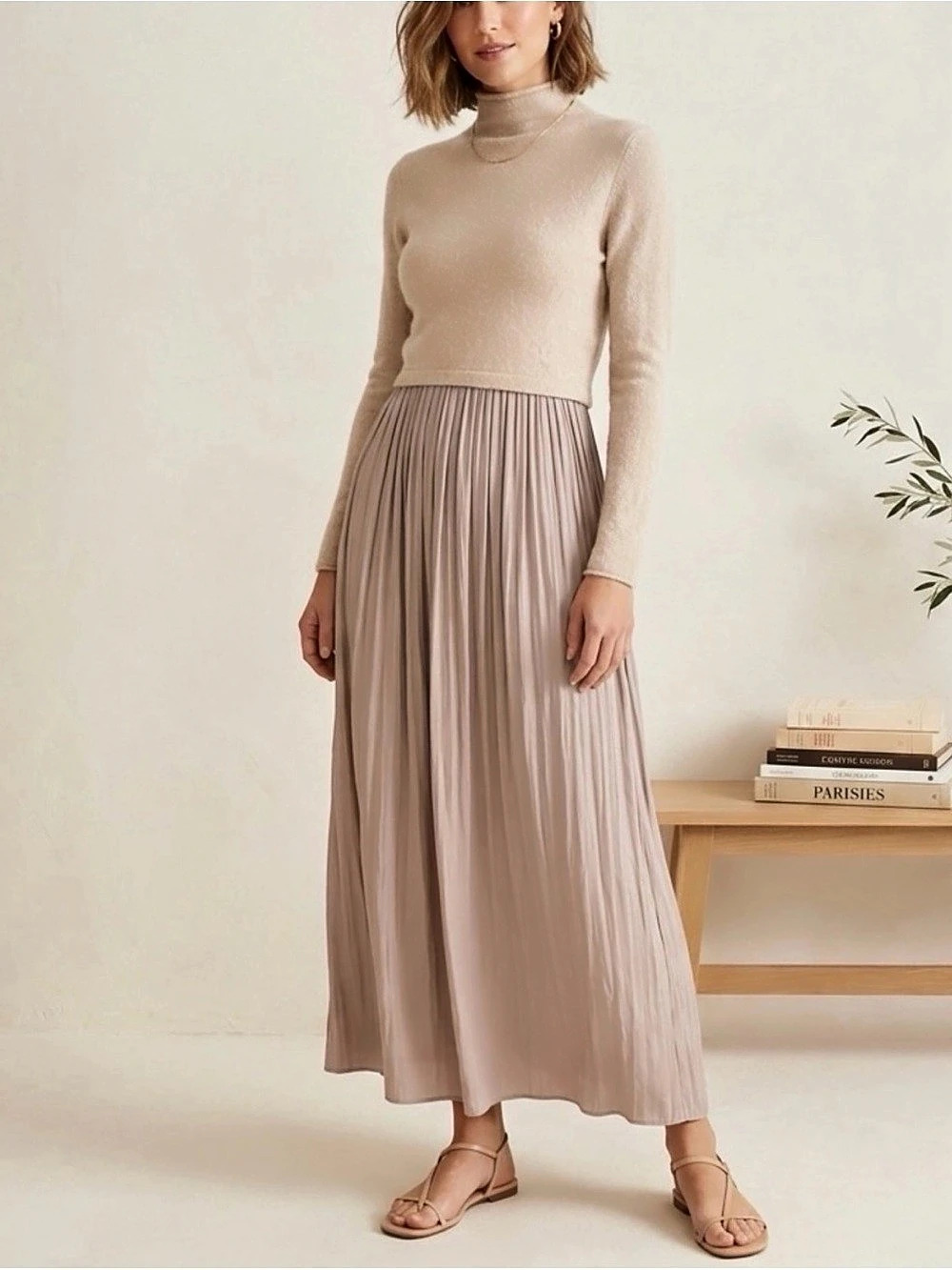 Anthropologie Thea Pleated Maxi Dress in Beige Size Large Like New